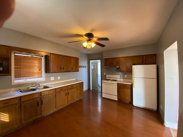 kitchen featuring white appliances, ceiling fan, sink, and dark hardwood / wood-style flooring