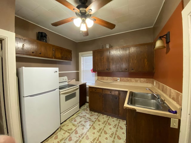 kitchen with light tile patterned floors, dark brown cabinetry, sink, white appliances, and ceiling fan