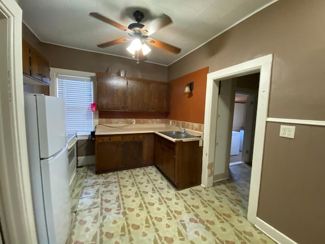 kitchen with dark brown cabinetry, ceiling fan, sink, and white refrigerator