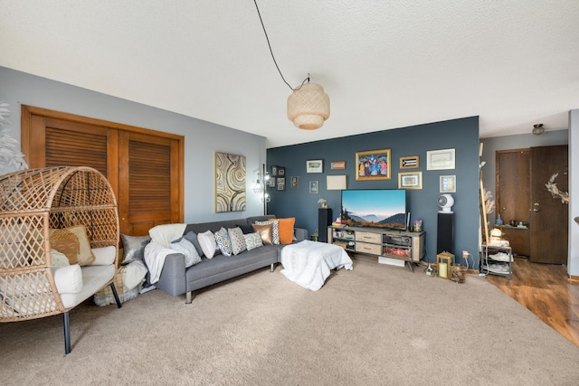 living room with wood-type flooring and a textured ceiling