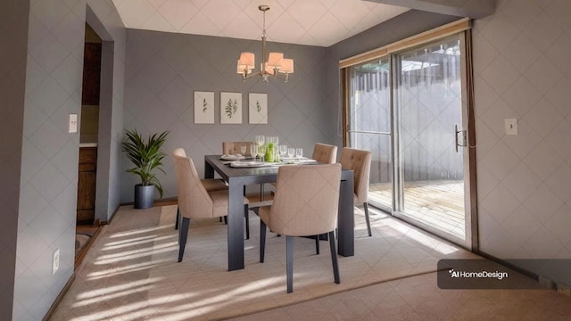 dining area featuring a notable chandelier and tile walls