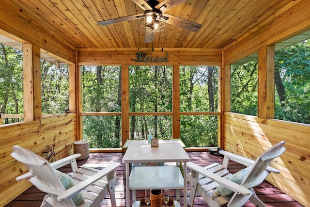 sunroom / solarium featuring ceiling fan and wooden ceiling