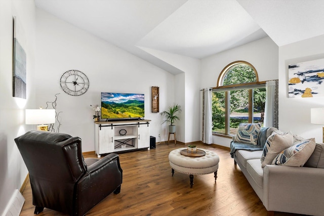 living room featuring vaulted ceiling, a wealth of natural light, and dark wood-type flooring