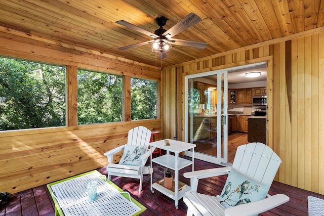 sunroom / solarium with ceiling fan and wood ceiling