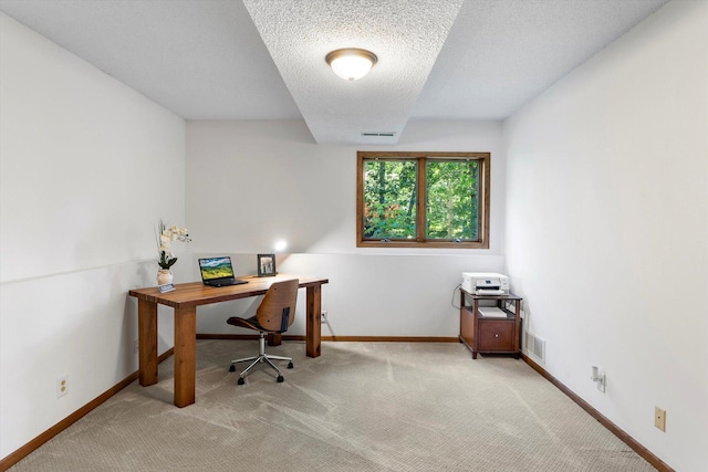 office with light colored carpet and a textured ceiling