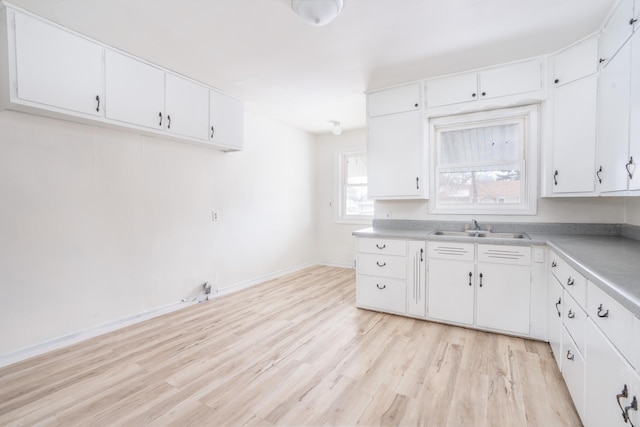 kitchen with sink, light hardwood / wood-style flooring, and white cabinets