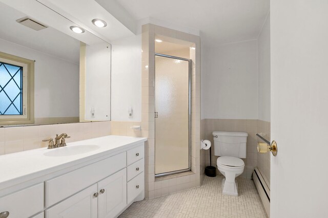 bathroom featuring tile patterned floors, toilet, tile walls, a baseboard radiator, and a shower with shower door