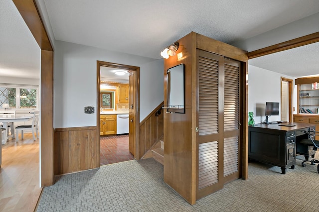 corridor featuring light wood-type flooring, a textured ceiling, and wooden walls