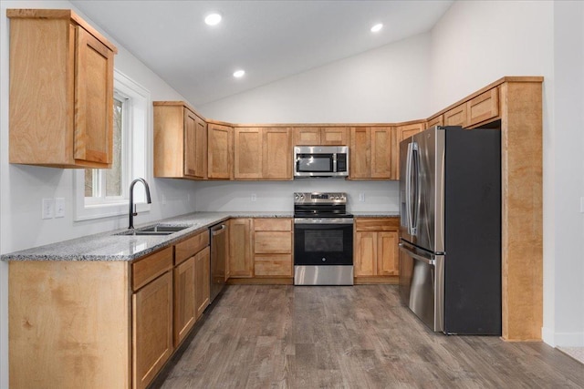 S1546 Shawnee Dr Unit A, Alma, WI 54610 - kitchen featuring appliances with stainless steel finishes, a sink, light stone countertops, dark wood finished floors, and recessed lighting