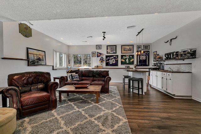 living room featuring a textured ceiling and dark hardwood / wood-style floors