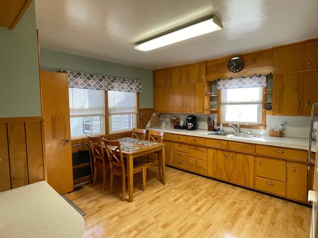 kitchen featuring decorative backsplash, sink, and light hardwood / wood-style flooring