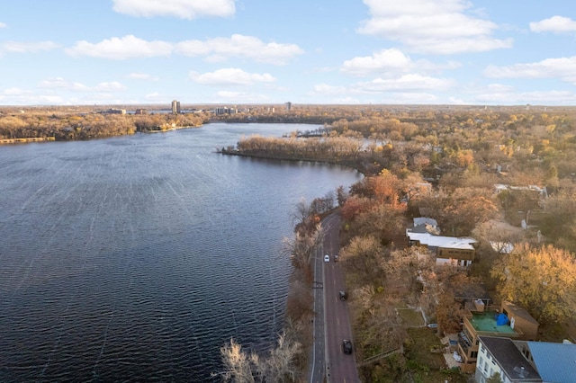 birds eye view of property featuring a water view