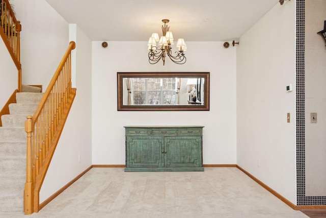 unfurnished dining area with light carpet and a notable chandelier