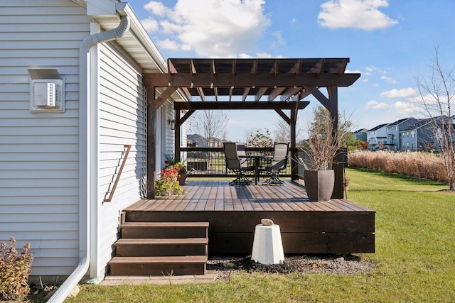 wooden terrace featuring a pergola and a yard