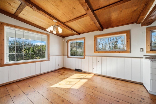 interior space with wooden ceiling, light hardwood / wood-style flooring, lofted ceiling with beams, and a chandelier