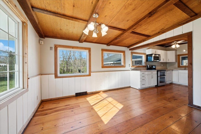 kitchen with light hardwood / wood-style flooring, hanging light fixtures, appliances with stainless steel finishes, white cabinets, and wooden ceiling