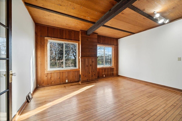 interior space featuring wooden ceiling, light hardwood / wood-style flooring, beam ceiling, and wooden walls