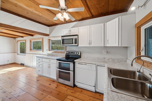 kitchen with white cabinets, appliances with stainless steel finishes, sink, and wooden ceiling