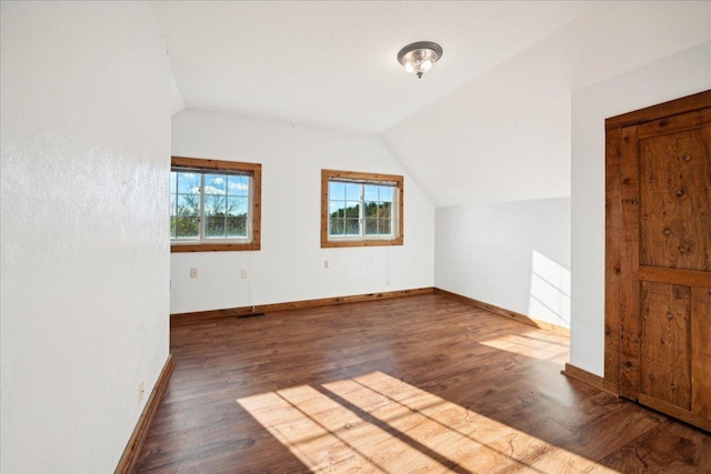 additional living space with lofted ceiling and dark hardwood / wood-style flooring