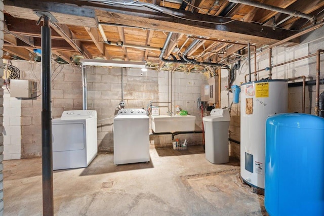 basement with electric water heater, washer and clothes dryer, sink, and electric panel