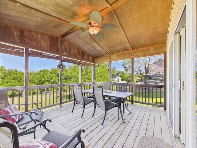 24850 Edenvale Trl, Elko New Market, MN 55020 - sunroom / solarium featuring ceiling fan, vaulted ceiling, outdoor dining space, and healthy amount of natural light