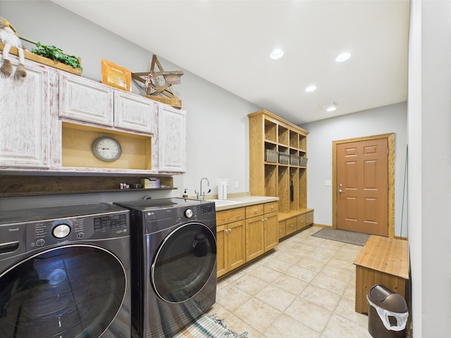 24850 Edenvale Trl, Elko New Market, MN 55020 - washroom featuring washer and dryer, cabinet space, recessed lighting, and light tile patterned floors