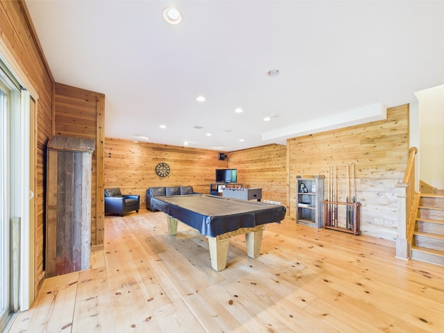 24850 Edenvale Trl, Elko New Market, MN 55020 - playroom with wood walls, billiards table, light wood finished floors, and recessed lighting