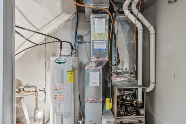 utility room with electric water heater and heating unit