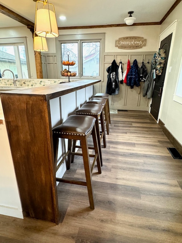 interior space featuring sink, hardwood / wood-style floors, and ornamental molding