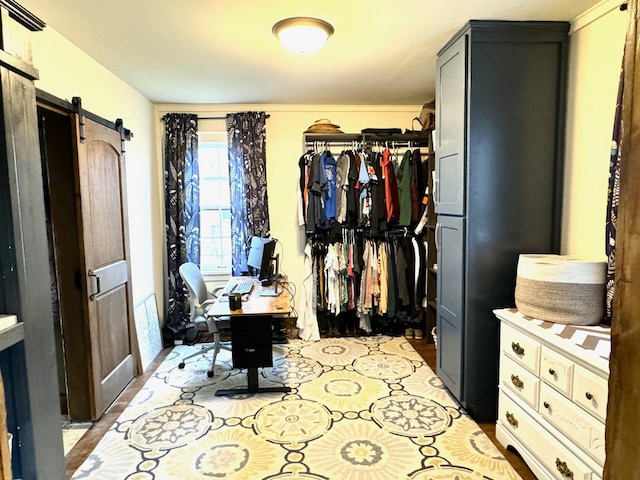 walk in closet featuring a barn door and light hardwood / wood-style floors