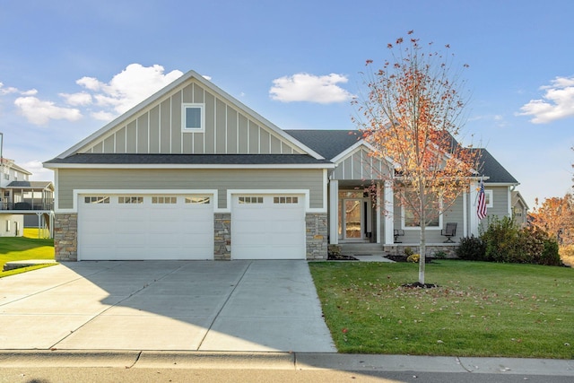 12770 196th Ave NW, Elk River, MN 55330 - craftsman inspired home with board and batten siding, an attached garage, concrete driveway, a front lawn, and stone siding