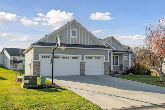 12770 196th Ave NW, Elk River, MN 55330 - craftsman-style house featuring board and batten siding, stone siding, an attached garage, driveway, and a front lawn