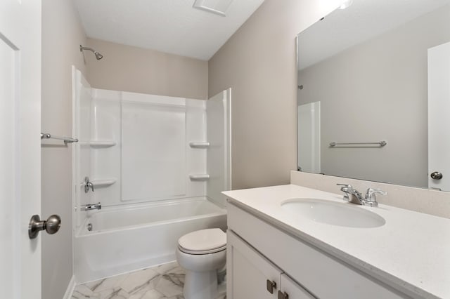 full bathroom featuring shower / bathing tub combination, a textured ceiling, toilet, and vanity