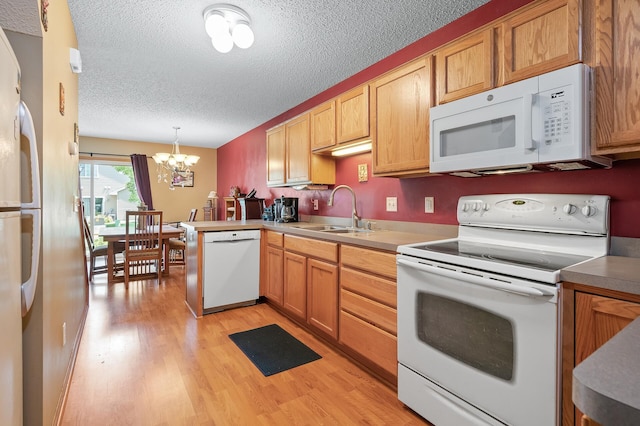 kitchen featuring a notable chandelier, a textured ceiling, light wood-type flooring, white appliances, and decorative light fixtures