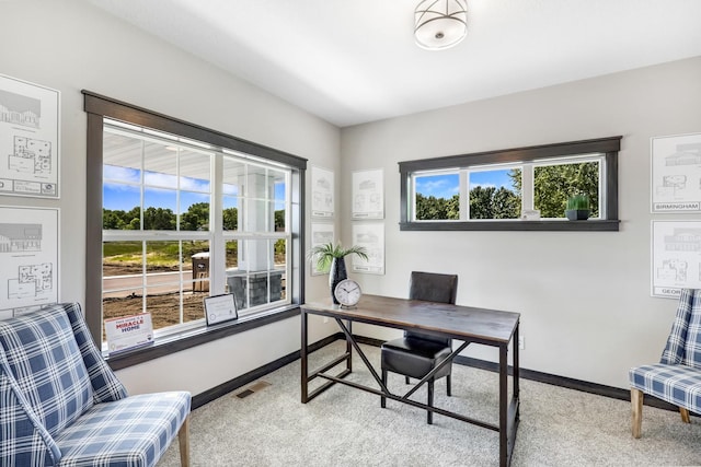 office area with plenty of natural light and light colored carpet