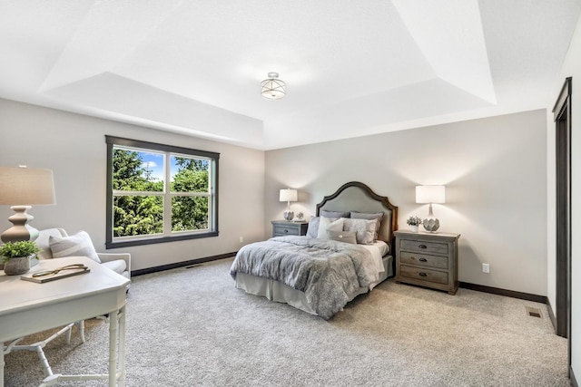 carpeted bedroom featuring a raised ceiling