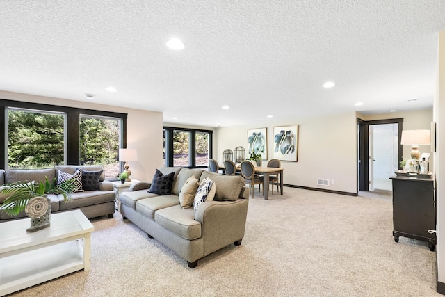 living room with a textured ceiling and light colored carpet