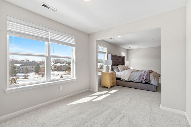 bedroom with visible vents, carpet flooring, and baseboards