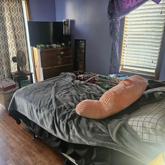 bedroom with dark hardwood / wood-style flooring