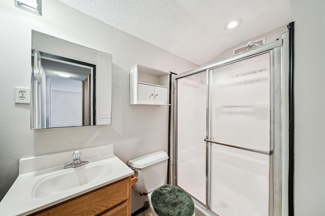 bathroom with vanity, vaulted ceiling, toilet, a textured ceiling, and a shower with shower door