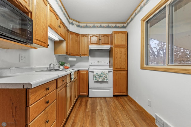 kitchen with sink, white electric range oven, and light wood-type flooring