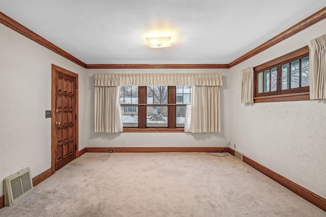 carpeted spare room with ornamental molding and a wealth of natural light