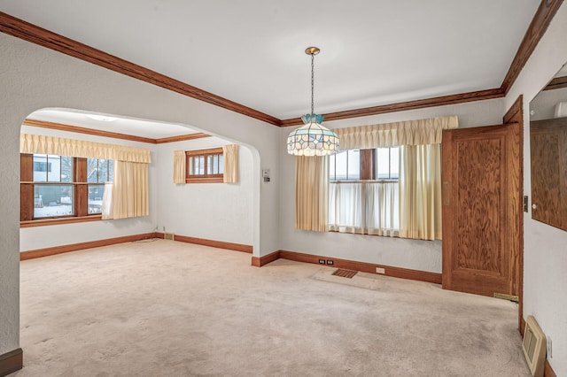 spare room with carpet and crown molding