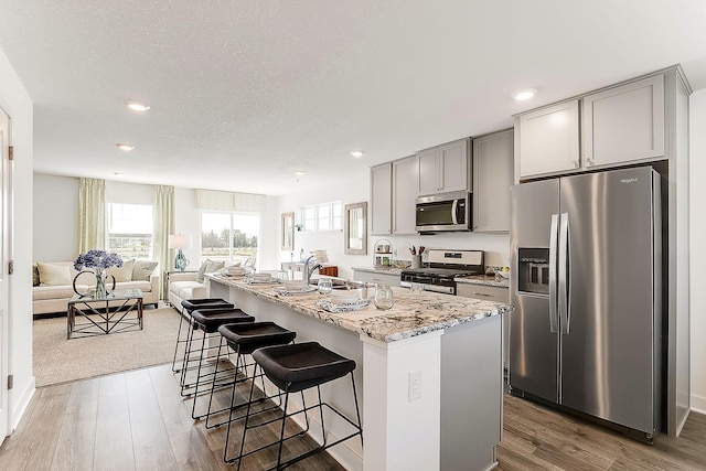 kitchen with gray cabinets, dark hardwood / wood-style floors, a center island with sink, and appliances with stainless steel finishes