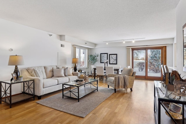 living room with a textured ceiling, light hardwood / wood-style floors, and a wealth of natural light