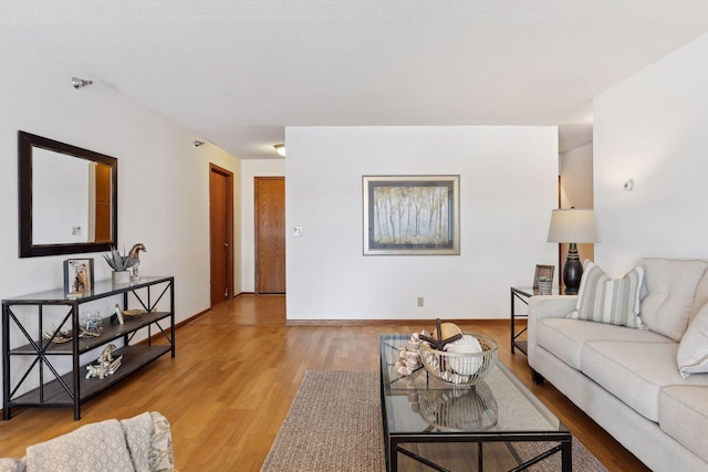 living room with light hardwood / wood-style flooring and a textured ceiling