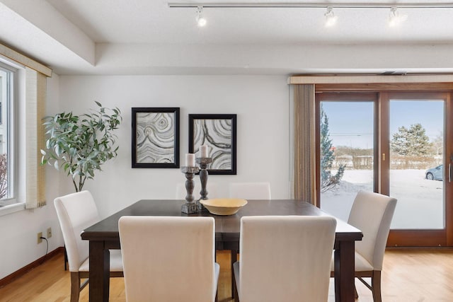 dining room featuring light hardwood / wood-style floors and track lighting