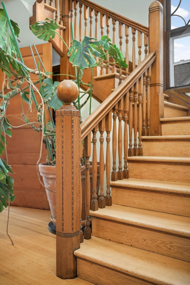 stairs with hardwood / wood-style flooring