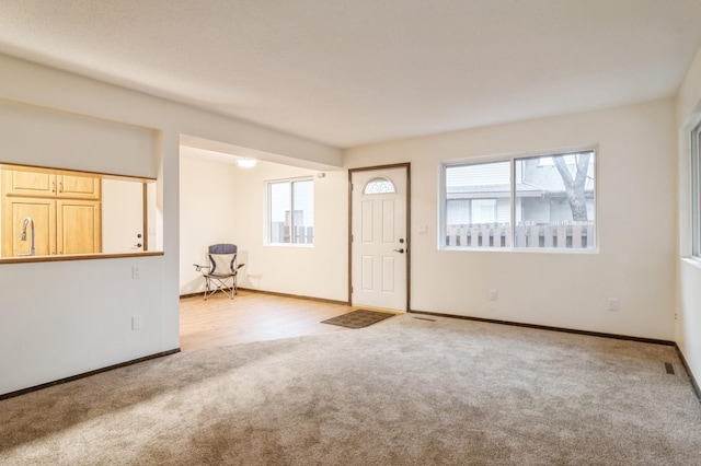 interior space with a wealth of natural light, sink, and light carpet