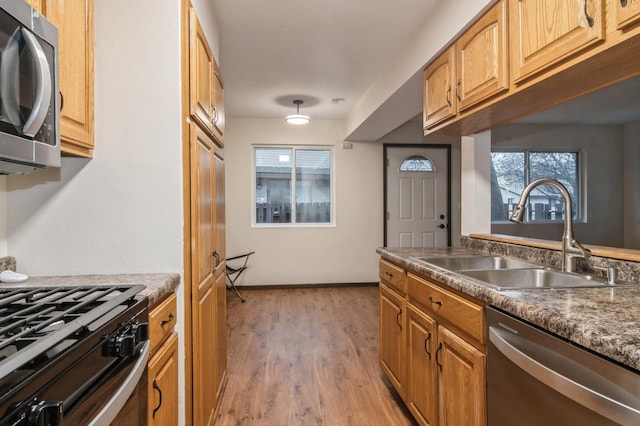 kitchen featuring appliances with stainless steel finishes, light hardwood / wood-style floors, and sink